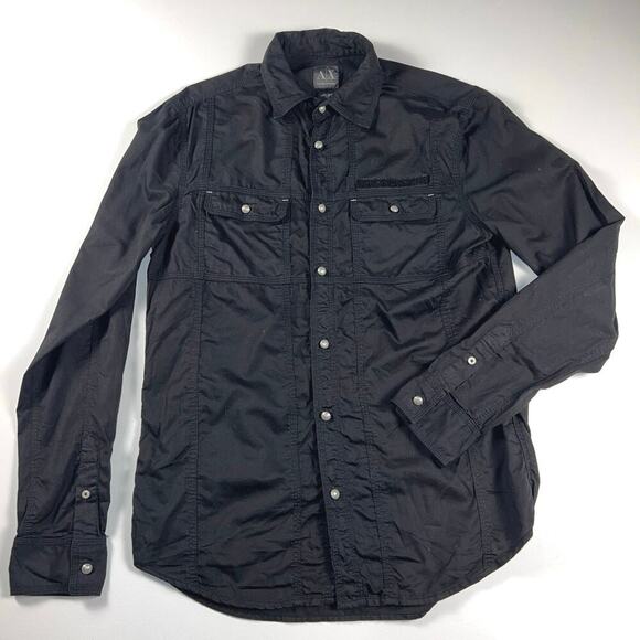 A/X Armani Exchange Black Button Up Long Sleeve Panel Shirt Metal Buttons Size S - Picture 1 of 12